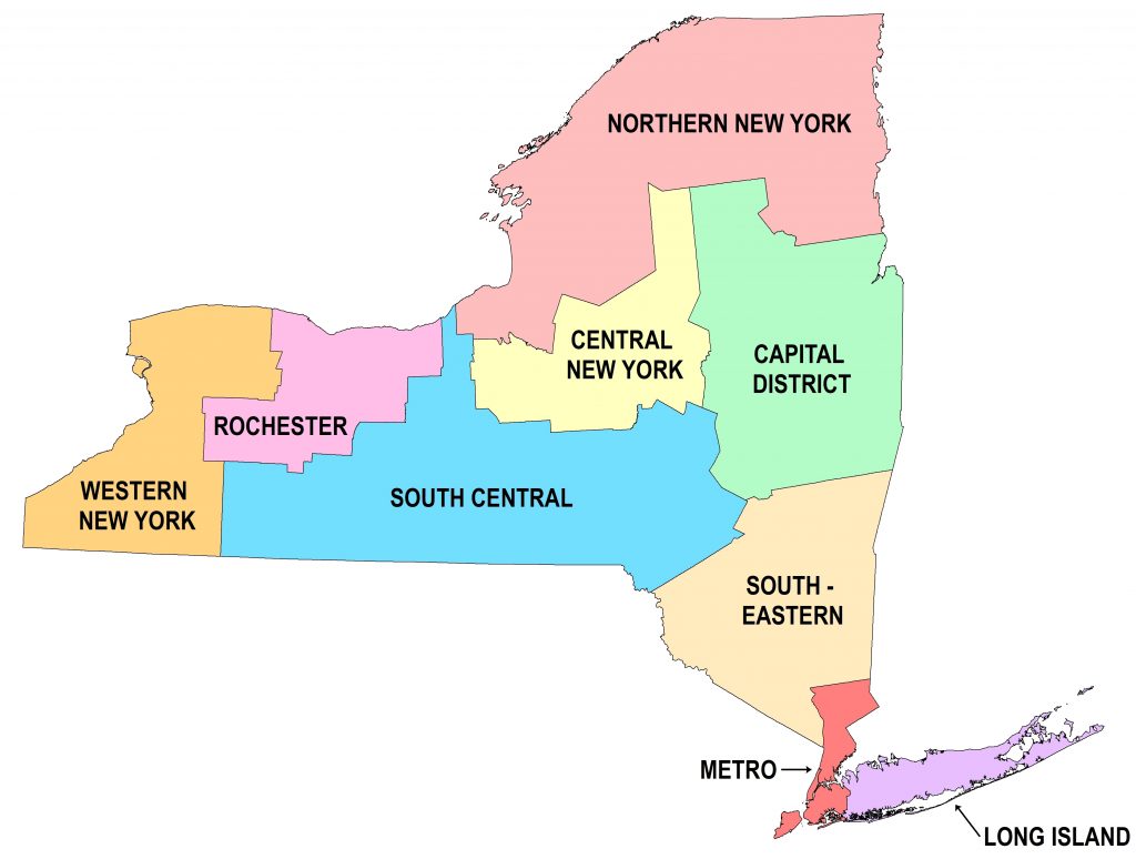Map illustrating the coverage areas of the 9 NYS regional library councils (from NYSED.gov)